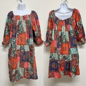 The Odells Womens Cottagecore Off the Shoulder Multicolor Patchwork Dress